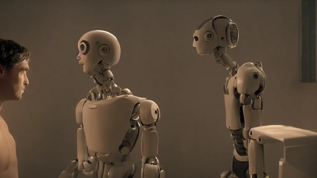 Prompt: movie scene of a man and a robot having a moment of jealousy, movie still, cinematic composition, cinematic light, by david lynch and gaspar noe