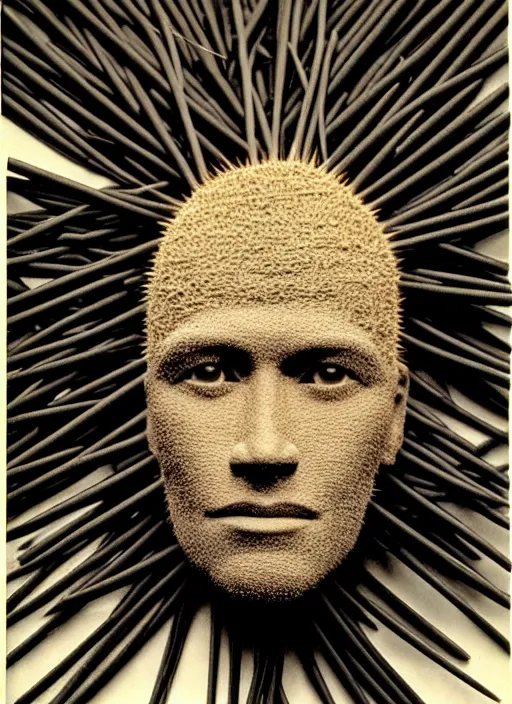 Image similar to realistic photo of a full - height model of human head made of black rubber realistic made of black clay, covered in very very long hay spikes needles, center straight composition, 2 0 0 0, life magazine photo, museum archival photo