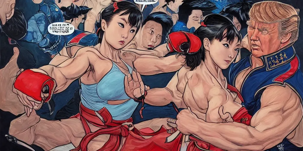 Prompt: Chun Li teaching Trump jujitsu. Epic painting by James Gurney and (Laurie Greasley).