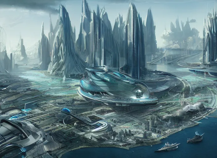 Image similar to a futuristic city surrounded by water and mountains, a detailed matte painting by Jon McCoy and Zaha Hadid, trending on cgsociety, retrofuturism, matte painting, concept art, dystopian art