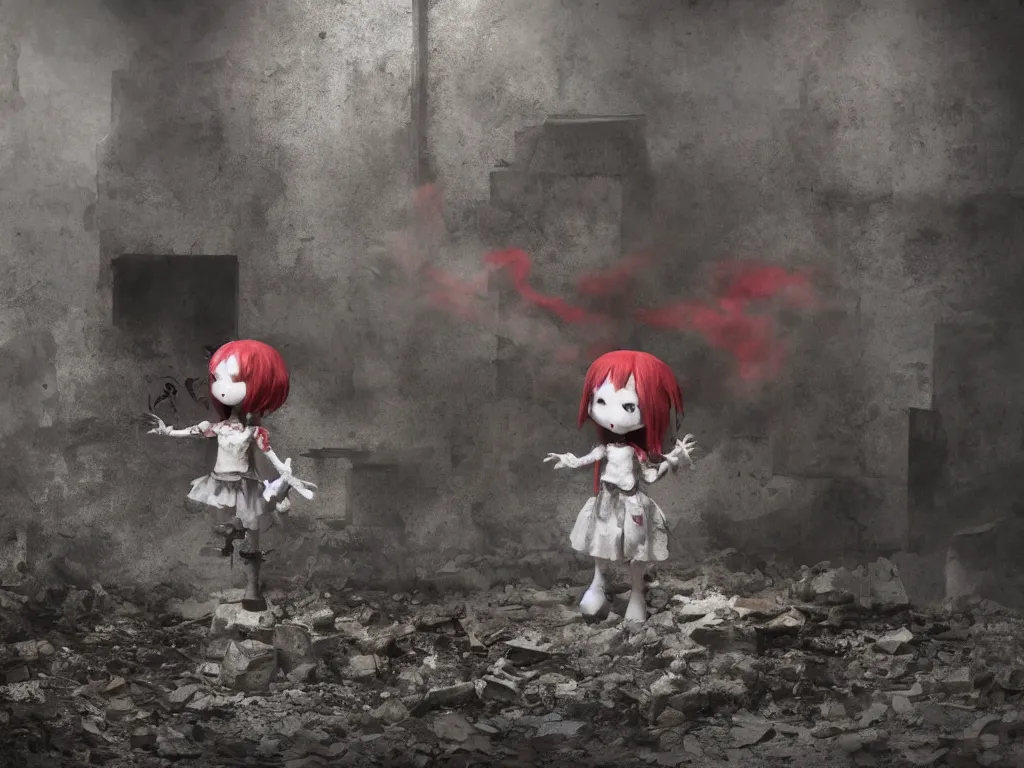 Prompt: cute fumo plush girl ghosts playing in a mysterious concrete wartorn brutalist ruin infected by strands of red parasitic fungus, chibi gothic maiden in tattered rags, dramatic three point lighting, glowing wisps of hazy smoke and volumetric fog swirling about, vray