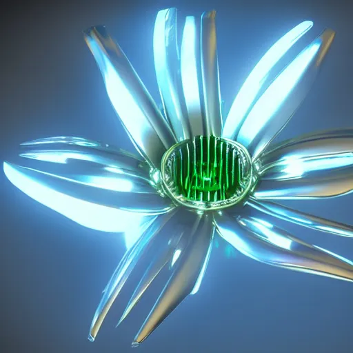 Prompt: a futuristic, cybertronic lily flower, metallic and reflective, unreal engine