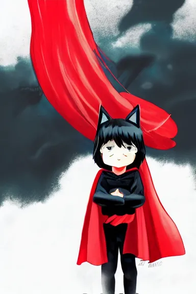 Image similar to little boy with cat ears in an black outfit with red cape. digital artwork made by lois van baarle and kentaro miura, sharpness focus, inspired by hirohiko araki, anatomically correct, heroic composition, hero pose, smooth