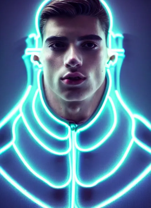 Image similar to a highly detailed long shot photo of masculin male face portrait, futurism, rococo cyber neon lighting, detailed futuristic fibonacci jewelry, profile posing, hyper photorealistic, crispy quality, digital photography, trending in pinterest, cinematic, 4 k ultra hd, art by pascal blanche, art by greg rutkowski, art by artgerm,