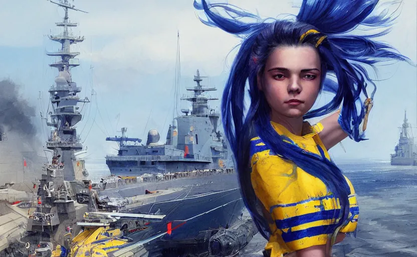 Image similar to front view of a Ukrainian girl in national clothes with blue and yellow stripes in her hair standing against a huge warship ready to fight, concept art, highly detailed, smooth, sharp focus, illustration, art by Greg Rutkowski, trending on Artstation