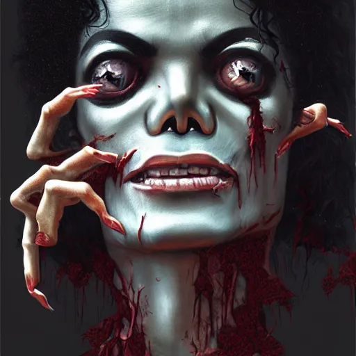 Image similar to eighties michael jackson as a flesh eating zombie with cuts on face, 7 days to die zombie, fine art, award winning, intricate, elegant, sharp focus, cinematic lighting, highly detailed, digital painting, 8 k concept art, art by guweiz and z. w. gu, masterpiece, trending on artstation, 8 k