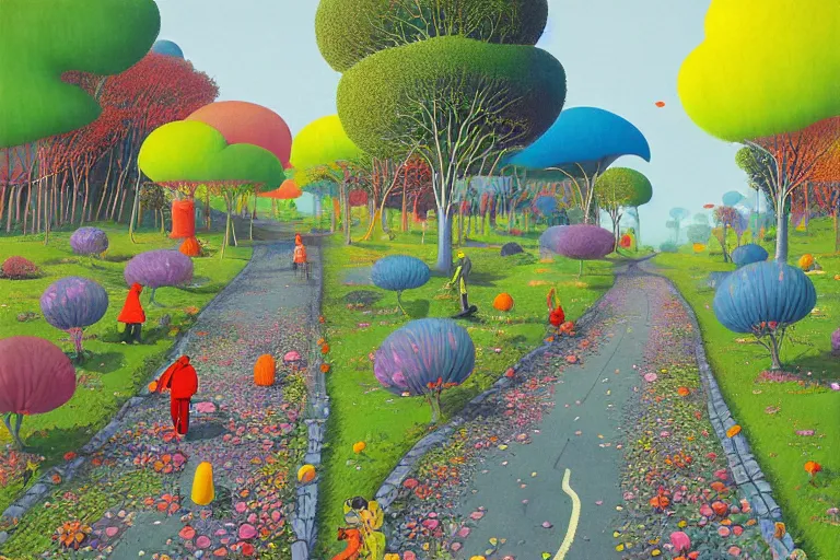 Image similar to surreal glimpse into other universe, jalan - jalan cari makan, summer morning, very coherent and colorful high contrast, art by!!!! gediminas pranckevicius!!!!, geof darrow, floralpunk screen printing woodblock, dark shadows, hard lighting, stipple brush technique,