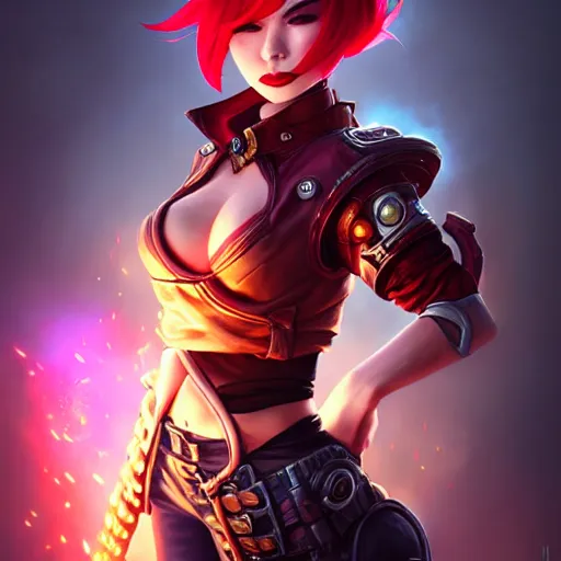 Prompt: portrait of Vi from League of Legends, by Fortiche Studio, from Netflix's Arcane, trending on artstation,fine details, angry look, realistic shaded, fine-face, Steampunk city on the background, red hair, award winning, painted texture, pretty face,by Artgerm