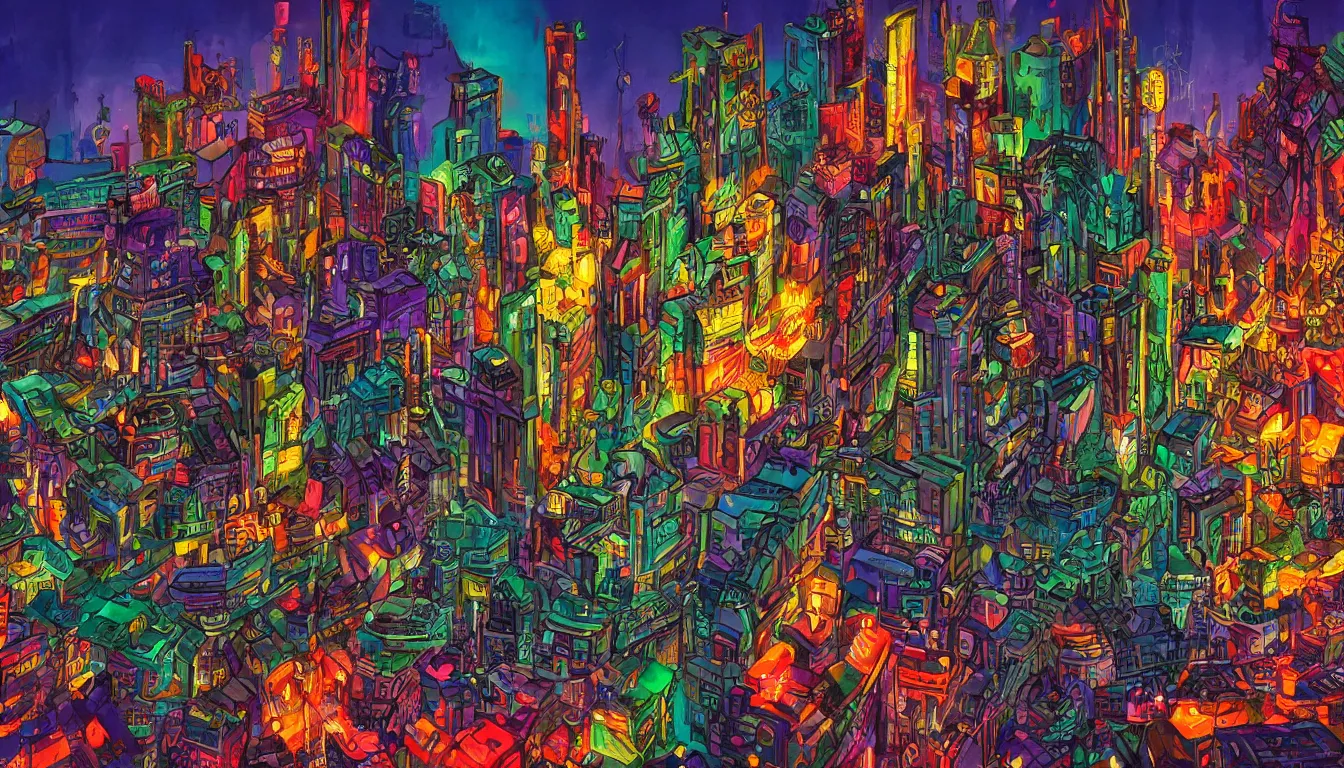 Image similar to surreal colorful nightmarish cityscape, 4k artwork by Ralph Bakshi