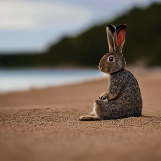 Image similar to a rabbit playing a guitar sitting on a beach in Sweden