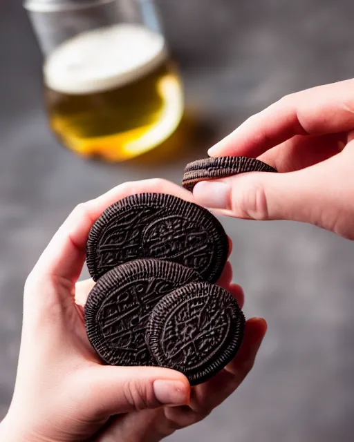 Image similar to dlsr food photograph of a hand dipping an oreo in beer, bokeh, studio lighting, 5 0 mm f 1. 4