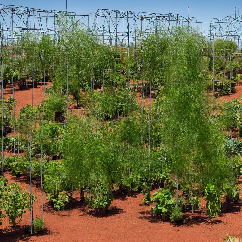 Prompt: torus shaped electrostatic water condensation collector towers, irrigation system in the background, vertical vegetable gardens in fractal packing, in the middle of the Alice Springs desert, XF IQ4, 150MP, 50mm, F1.4, ISO 200, 1/160s, natural light