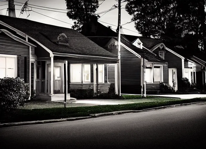 Image similar to small suburban houses in America at night inspired by Edward Hopper, Photographic stills, photography, fantasy, moody lighting, dark mood, imagination, cinematic