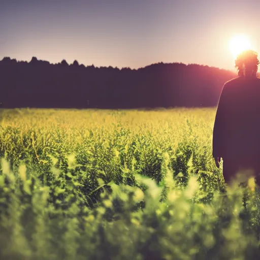 Image similar to a still of a 20's something man hippie standing in a large field of living plants. Magic hour, backlit, lens flare, smoke in the air.