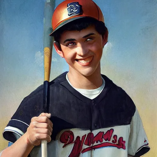 Image similar to a teen boy with black hair and green eyes in a baseball uniform clutching a baseball bat while smiling. Kuvshinov ilya. Geoffroy Thoorens. JC Leyendecker