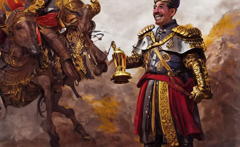 Image similar to smiling spanish conquer soldier francisco pizarro holding golden cup on a inca temple, highly detailed, digital painting, artstation, concept art, sharp focus, dreamy illustration, art by katsuhiro otomo, magali villeneuve, artgerm, rutkowski jeremy lipkin and giuseppe dangelico pino and michael garmash and rob rey