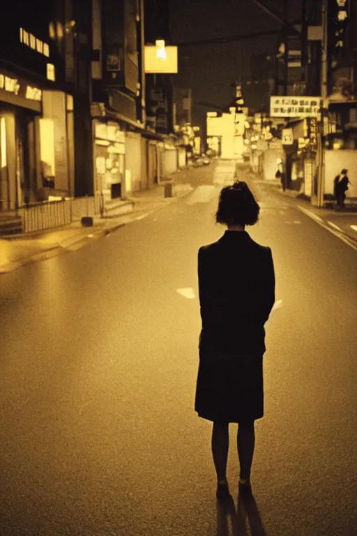 Prompt: a woman standing in the middle of a tokyo street at night, in the style of the dutch masters and Gregory Crewdson