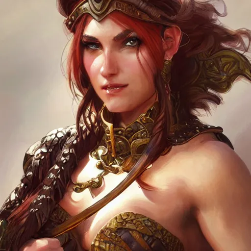 Image similar to Female barbarian closeup, D&D, fantasy, intricate, elegant, highly detailed, digital painting, trending on artstation, concept art, illustration, art by Artgerm and Greg Rutkowski and Alphonse Mucha