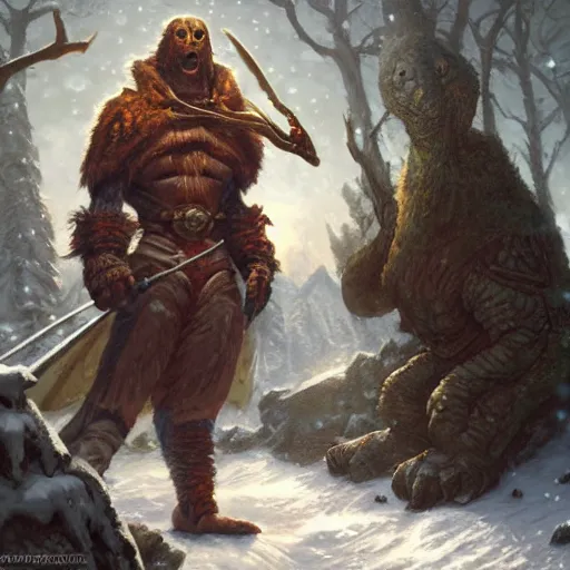 Prompt: anthropomorphic turtle humanoid, greg rutkowski, tim hildebrandt, winter, furs, warhammer, fantasy