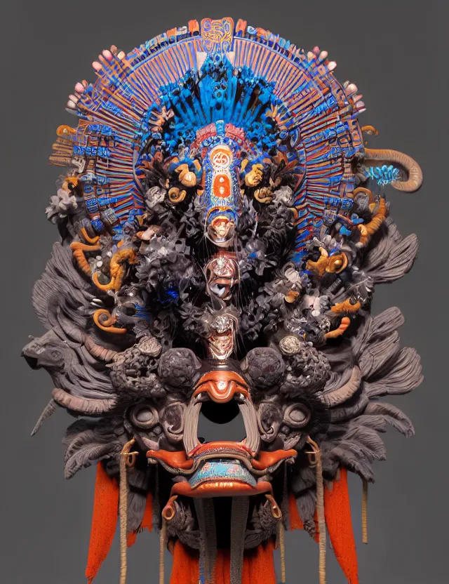 Image similar to 3 d goddess close - up profile portrait aztec with ram skull. beautiful intricately detailed japanese crow kitsune mask and clasical japanese kimono. betta fish, jellyfish phoenix, bio luminescent, plasma, ice, water, wind, creature, artwork by tooth wu and wlop and beeple and greg rutkowski