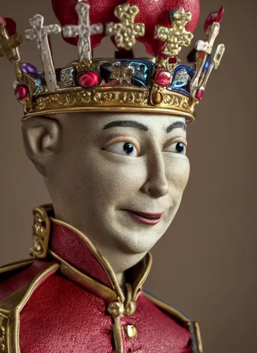 Image similar to closeup face profile portrait of tin toy prince charles as a fairytale prince wearing a crown eating cakes, depth of field, zeiss lens, detailed, symmetrical, centered, fashion photoshoot, by nicoletta ceccoli, mark ryden, lostfish, breathtaking, 8 k resolution, extremely detailed, beautiful, establishing shot, artistic, hyperrealistic, octane render