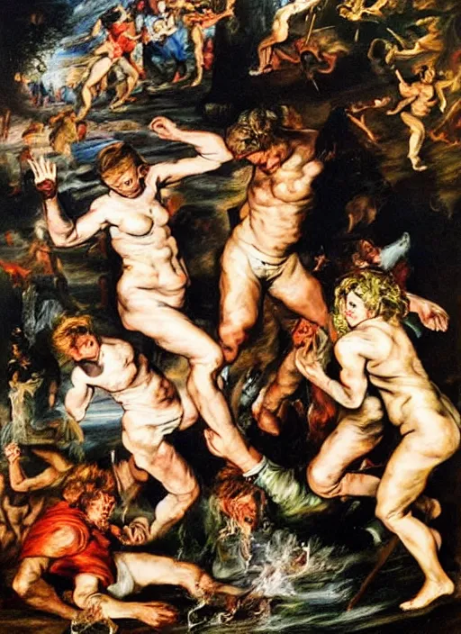 Prompt: adventure playground accident, adventure playground accident, adventure playground accident, adventure playground accident, adventure playground accident, adventure playground accident, oil on canvas by peter paul rubens. style fall of the damned by peter paul rubens