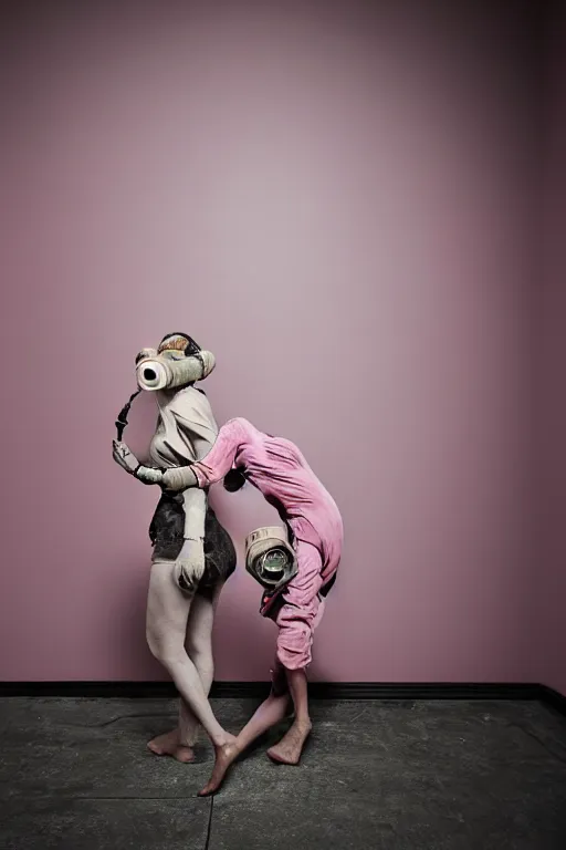 Image similar to a surreal portrait of intertwined and contorted figures wearing gas mask next to a pink wall in the style of brooke didonato, editorial fashion photography from vogue magazine, full shot, nikon d 8 1 0, ƒ / 2. 5, focal length : 8 5. 0 mm, exposure time : 1 / 8 0 0, iso : 2 0 0