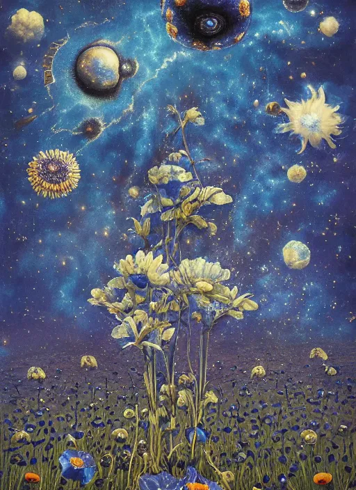 Image similar to detailed, intricate blue black and purple papaverum flower on the field, nebula, galaxy in the sky, winning award masterpiece, fantastically beautiful, illustration, aestheticly inspired, jacek yerka, upscale with anguissola sofonisba work, artstation, 8 k