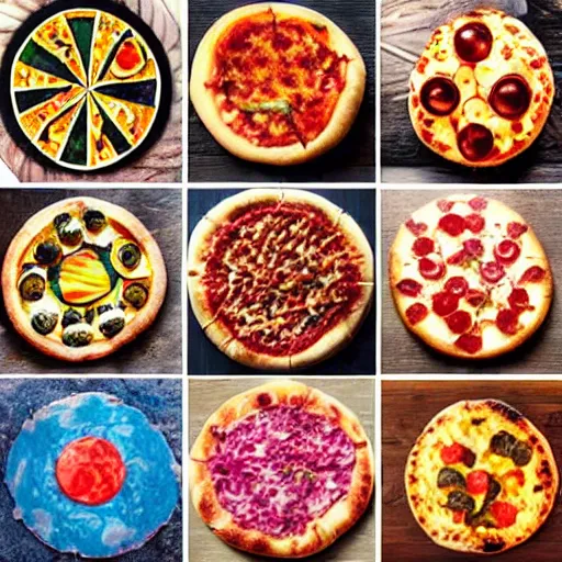 Image similar to A collection of pizzas cooked by people that were tripping on DMT