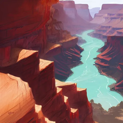 Image similar to concept art painting of a grand canyon filled with water, giant river, with unfinished stone bridge under construction, realistic, detailed, cel shaded, in the style of makoto shinkai and greg rutkowski and james gurney
