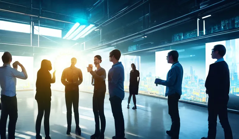 Image similar to group of people in simple warehouse, looking at hologram of futuristic city on a table, cinematic concept art, godrays, golden hour, natural sunlight, 4 k, clear details, tabletop model buildings, center model buildings, hologram center, crane shot, crane shot, crane shot