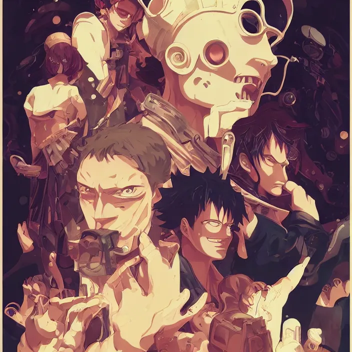 Image similar to anime portrait one piece, futuristic science fiction, mucha, hard shadows and strong rim light, art by jc leyendecker and atey ghailan and sachin teng