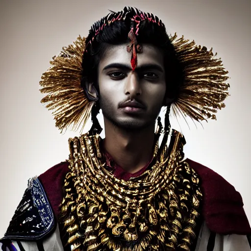 Image similar to a portrait of a beautiful young indian male wearing an alexander mcqueen armor , photographed by andrew thomas huang, artistic