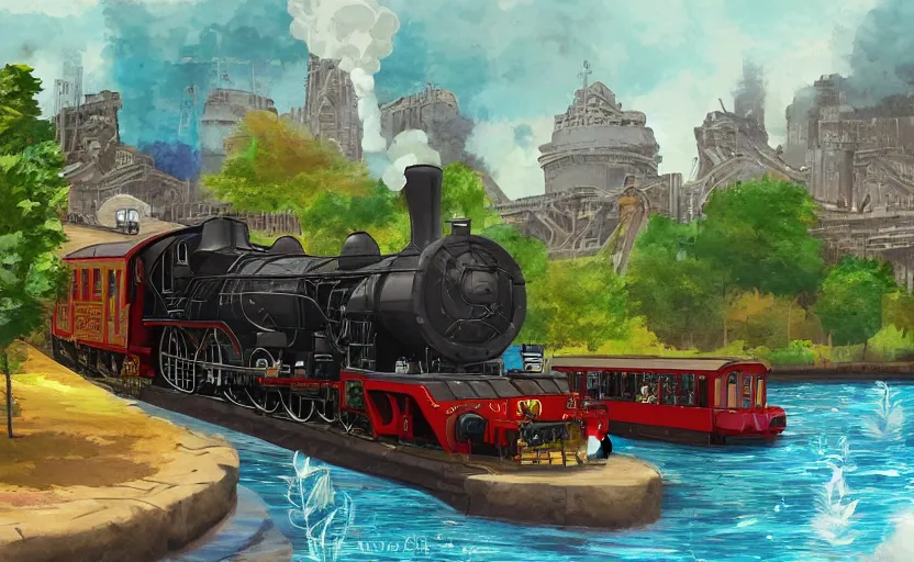 Image similar to A steam locomotive rides along of a waterway on a fantasy city. Fantasy and concept art, colorful digital painting.