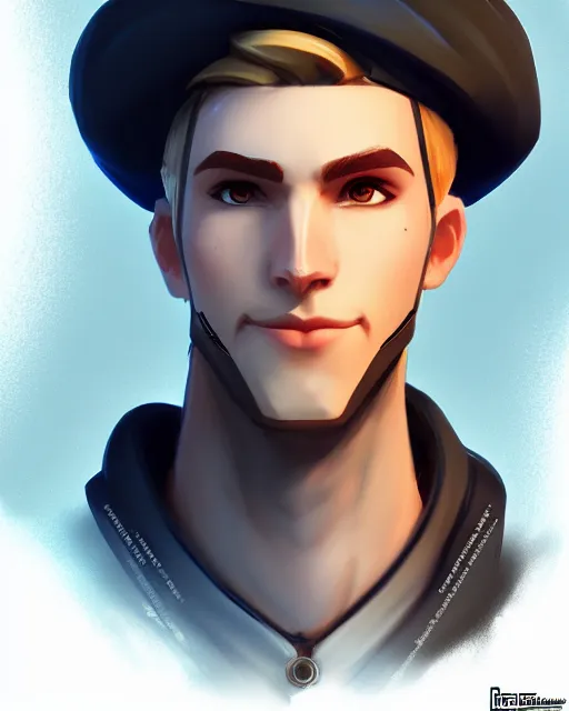 Image similar to overwatch concept art character portrait of a new character who is a young blonde man with a beret with stubble face and long nose and gaunt cheeks, trending on artstation, cgsociety,