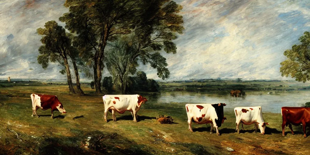Prompt: Cows grazing near a lake by John Constable, 4k, trending on artstation