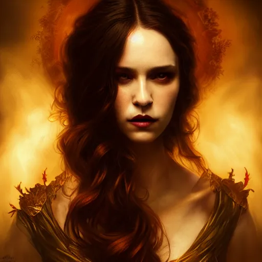 Image similar to majestic gracious regal aristocratic brunette female vampire portrait, atmospheric lighting, painted, menacing, intricate, volumetric lighting, beautiful, rich deep colours masterpiece, golden hour, sharp focus, ultra detailed, by leesha hannigan, ross tran, thierry doizon, kai carpenter, ignacio fernandez rios