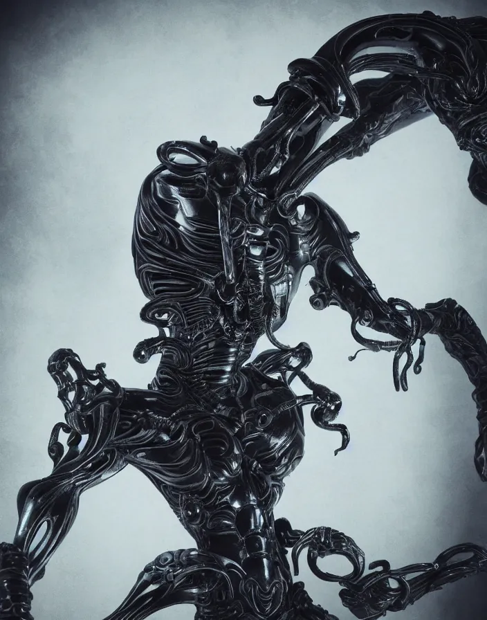 Image similar to engineer prometheus, xenomorph alien, highly detailed, symmetrical long head, smooth marble surfaces, detailed ink illustration, raiden metal gear, cinematic smooth stone, deep aesthetic, concept art, post process, 4k, carved marble texture and silk cloth, latex skin, highly ornate intricate details, prometheus, evil, moody lighting, hr geiger, hayao miyazaki, indsutrial Steampunk