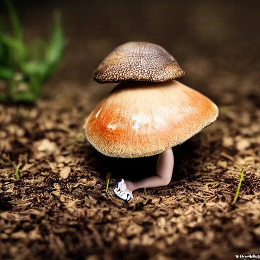 Prompt: tiny emma watson living under a mushroom. macro photography.