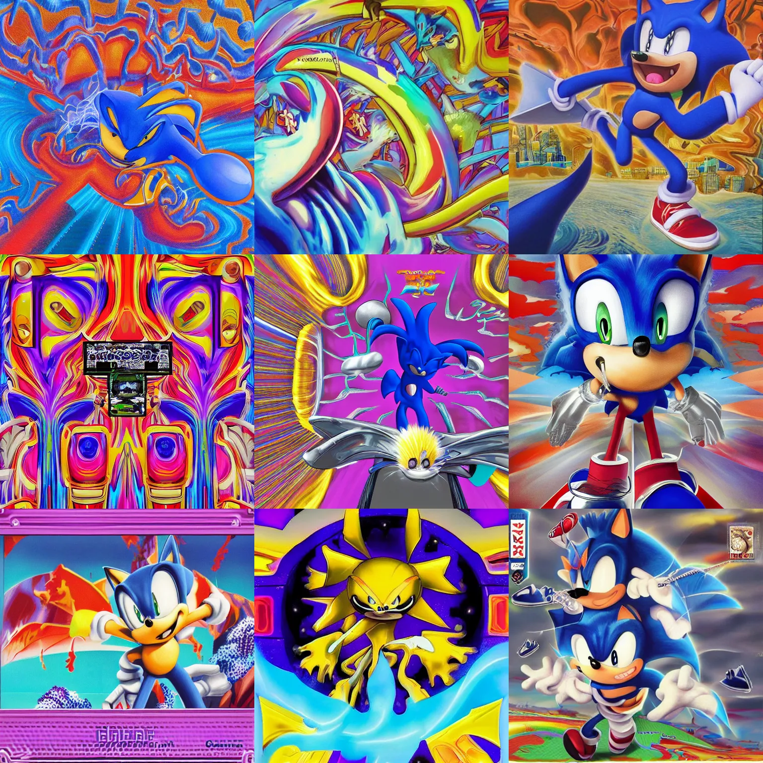 Prompt: portrait surreal sonic the hedgehog, recursive, sharp, detailed professional, high quality airbrush art MGMT album cover portrait of a liquid dissolving LSD DMT blue sonic the hedgehog surfing through a special stage, purple checkerboard background, 1990s 1992 Sega Genesis video game album cover