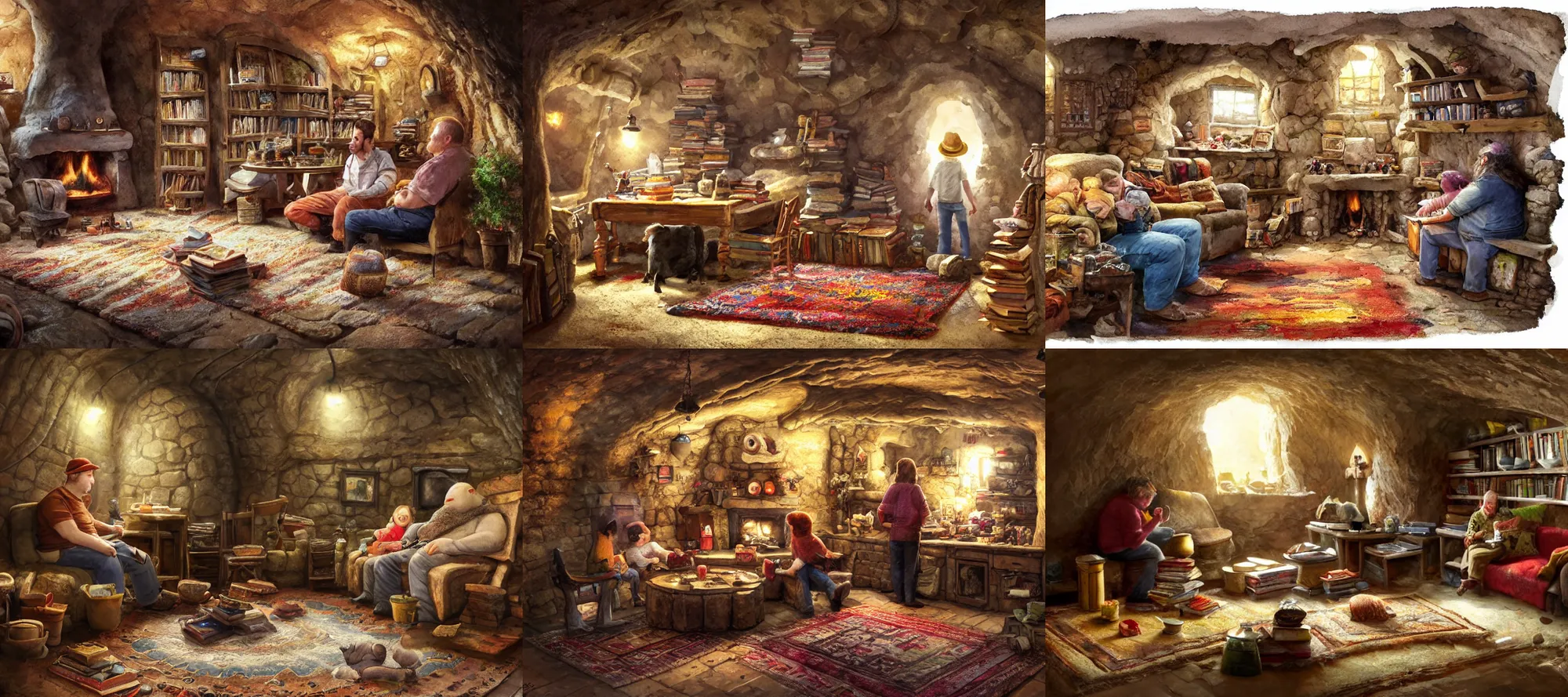 Prompt: short fat molemen wearing casual clothes live underground in a cave, kitchen table, sink, chairs, cosy fireplace, stack of books on side table, colourful rug on floor by fireplace, photos of family on wall, soft, cosy, craig mullins, james gurney, detailed watercolour, texture, highly detailed, movie scene, low angle, hd, 4k