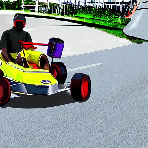 Image similar to Jamaican man, in go-kart, chased by police, digital art