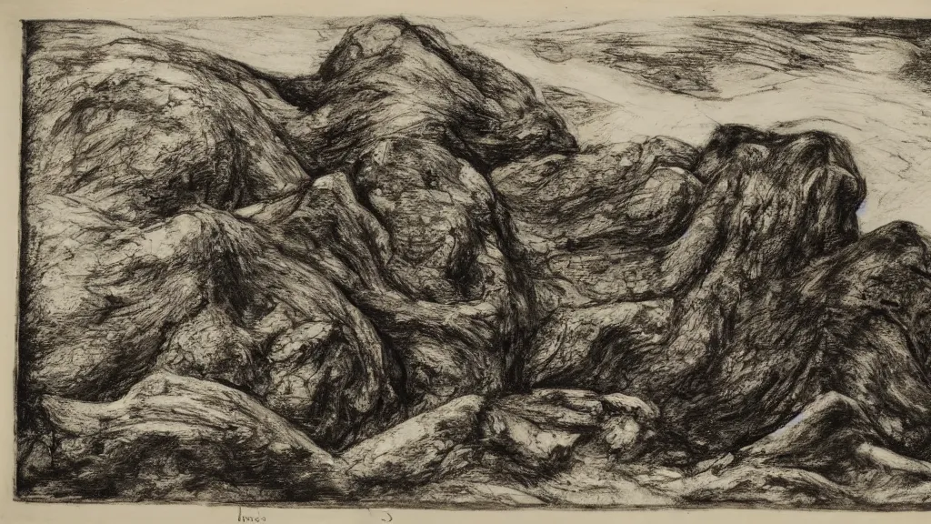 Image similar to a medieval chiaroscuro lithograph of a colossal abstract granite sculpture garden by kurt seligmann and henry moore and edward steichen, on a lawn, distant mountains, the merely beautiful bore me to death