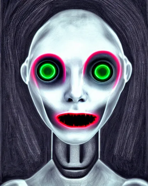 Image similar to scary portrait of a female robot with glowing eyes, similar to the scream drawing by Edvard Munch