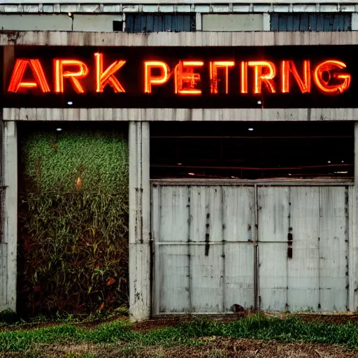 Prompt: a farm inside an abandoned car parking building, concrete, overgrown plants, giant neon sign, photo by greg girard, dark, cinematic, volumetric light