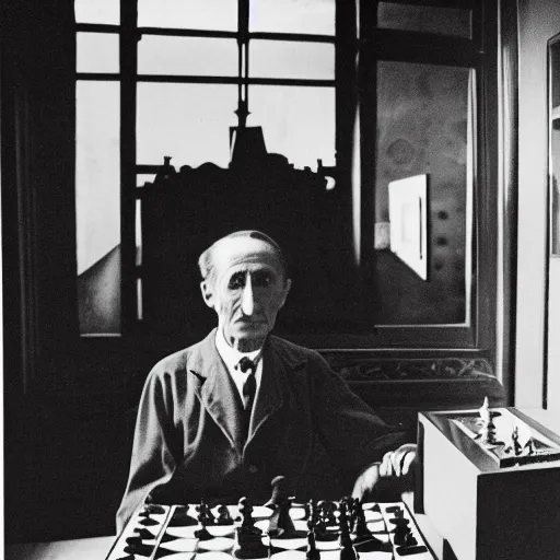Image similar to underexposed photo of Marcel Duchamp in a room with an ancient chess machine, tri-x, archival pigment print in the style of Hito Steyerl, contemporary art