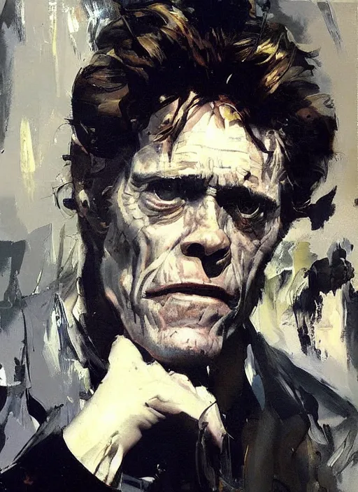 Image similar to willem dafoe, painting by phil hale, fransico goya,'action lines '!!!, graphic style, visible brushstrokes, motion blur, blurry