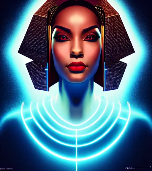 Image similar to symmetry!! egyptian queen of technology, solid cube of light, hard edges, product render retro - futuristic poster scifi, lasers and neon circuits, brown skin beautiful egyptian, queen, intricate, elegant, highly detailed, digital painting, artstation, concept art, smooth, sharp focus, illustration, dreamlike, art by artgerm