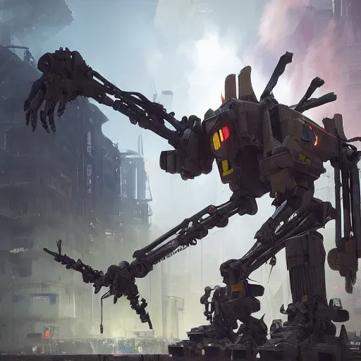 Prompt: six feet tall mech fighting in an urban environment, by gaudi, by ismail inceoglu, octane render, by weta digital, cinematic lighting, bump mapped, lumen reflections, action scene screenshot, epic scale, trending on artstation