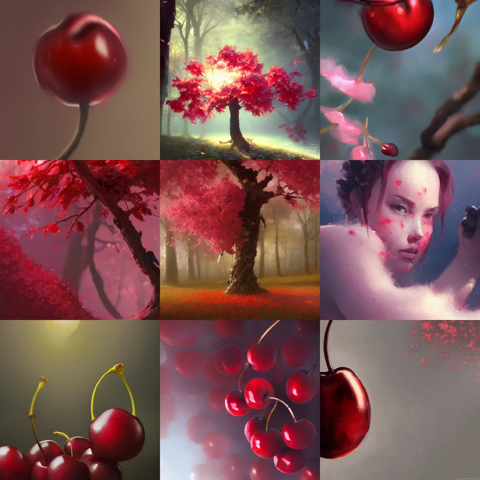Prompt: beautiful aesthetic inspirational digital oil painting of a close - up cherry, by greg rutkowski, ultra detailed, fine details, trending on artstation, volumetric light.
